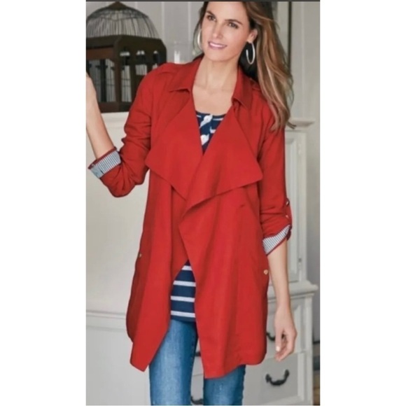 Soft Surroundings Sz S Red Blue Stripe Cuff Nautical Military Topper Jacket RARE - Picture 1 of 9